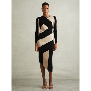 REISS JEM Knitted Colourblock Asymmetric Midi Dress